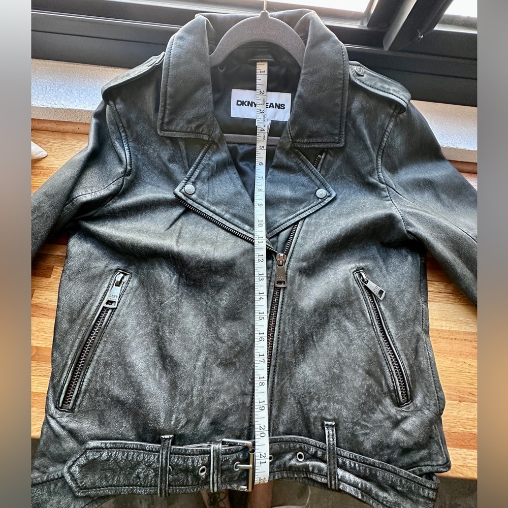 DKNY Jeans Charcoal Leather Moto Jacket - Picture 14 of 16